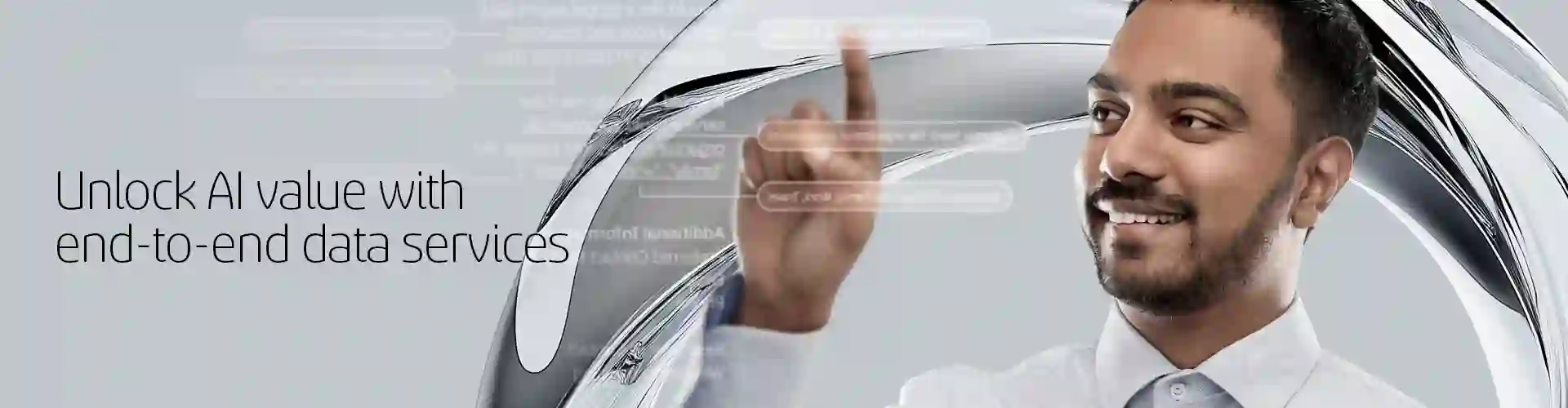 Smiling man interacting with futuristic interface showcasing data services.