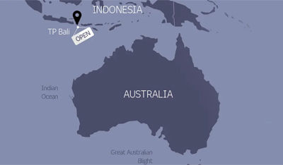 Map highlighting Australia and part of Indonesia, with a marker indicating TP Bali and a label reading ‘OPEN'.