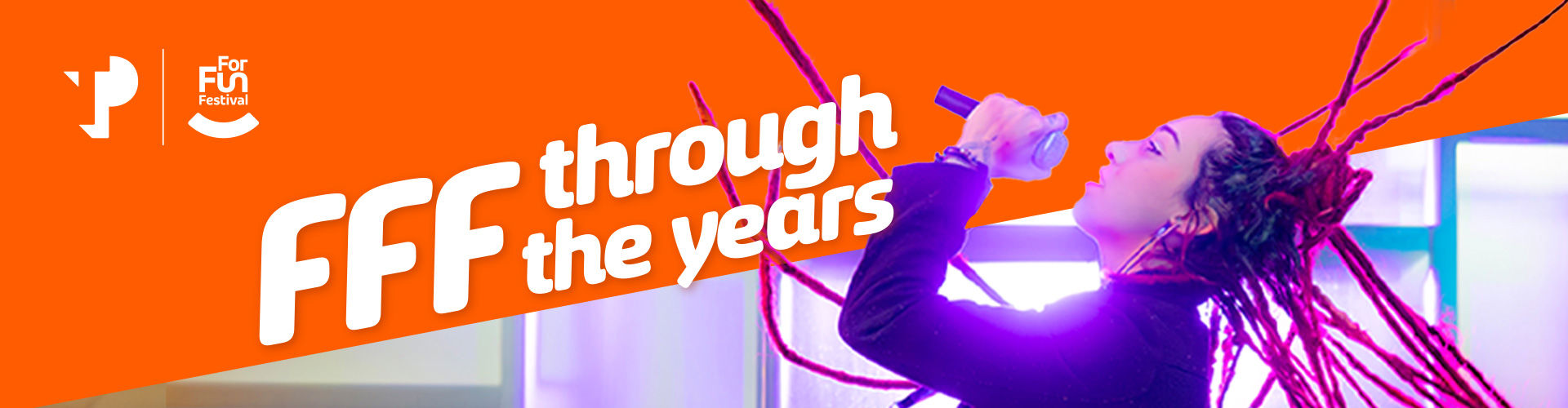 TP For Fun Festival banner with the phrase “FFF through the years” and a singer holding a microphone with long braids.