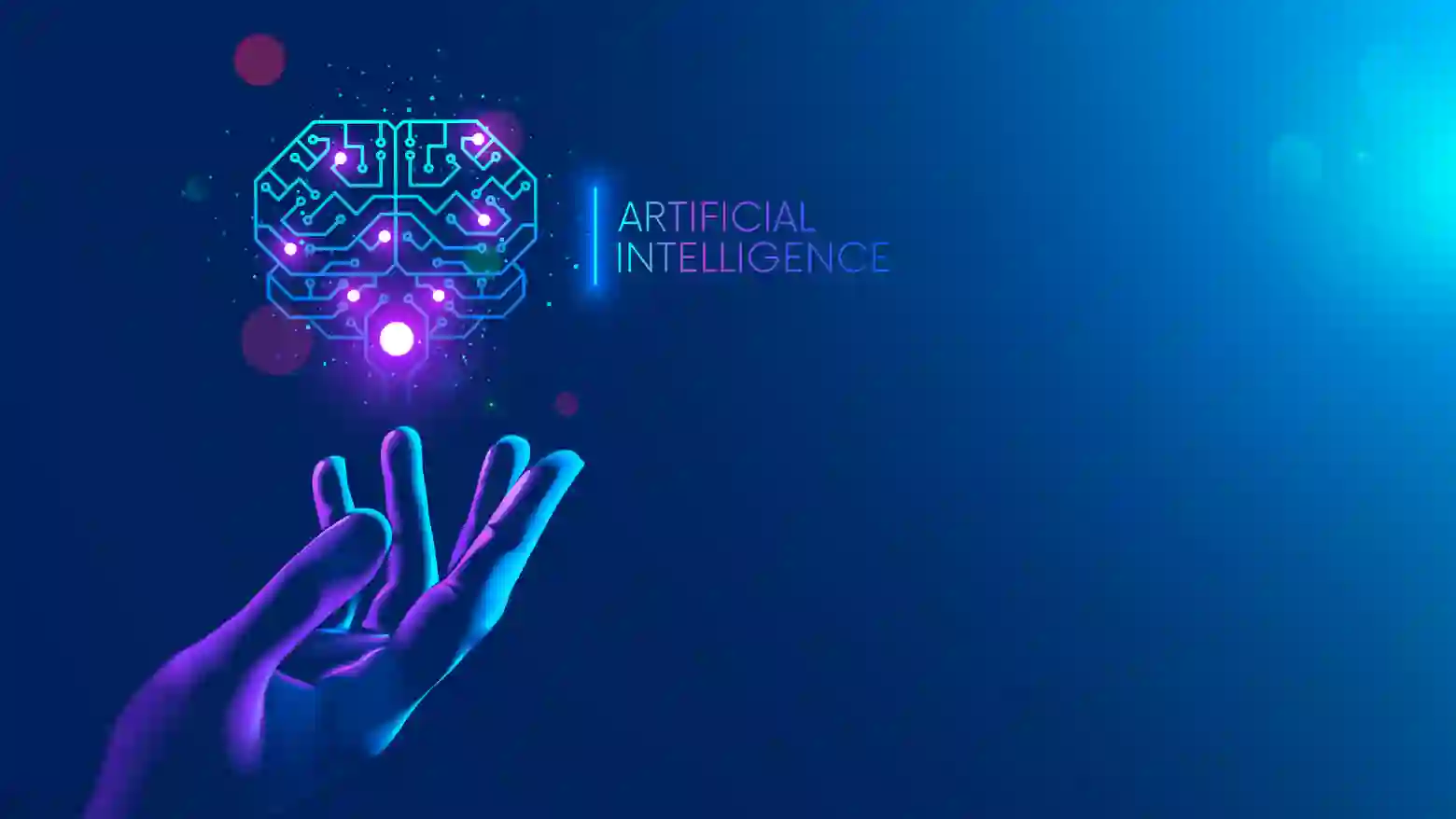 Futuristic hand reaching toward a glowing digital brain icon with circuit patterns, symbolizing artificial intelligence, on a blue gradient background.