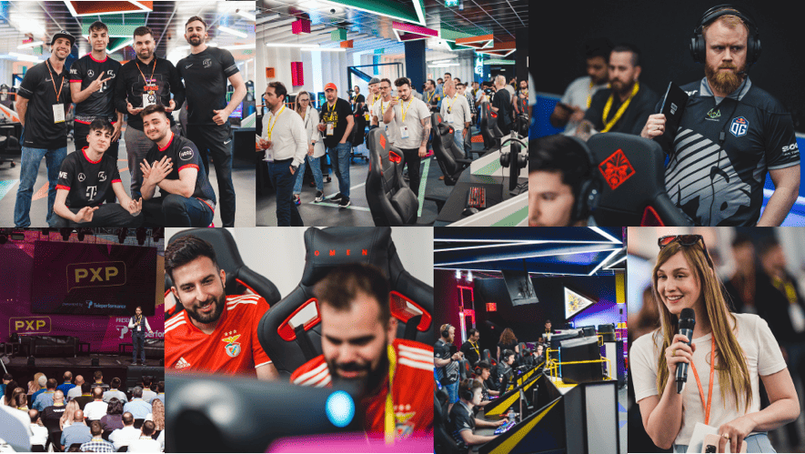 Collage of esports event photos showing players, commentators, and audience members at a gaming tournament with branding and gaming setups visible.